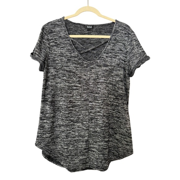 a.n.a Sweaters - a.n.a Women's L Heather Black Criss-Cross Neck Short Sleeve Sweater | SKU 0243